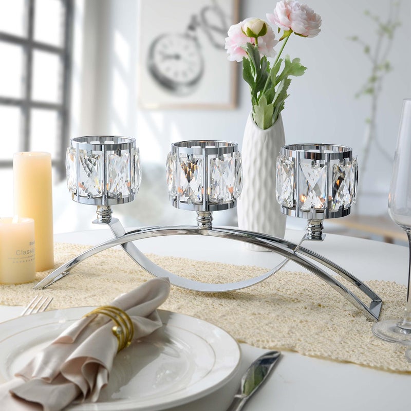 kolnlala 3 Arms Crystal Bowl Tealight Candelabra Votive Candle Stand, Wedding centerpieces for Tables Crystal Candlestickï¼ŒCenterpiece Table Decorations (Silver) - Image 2
