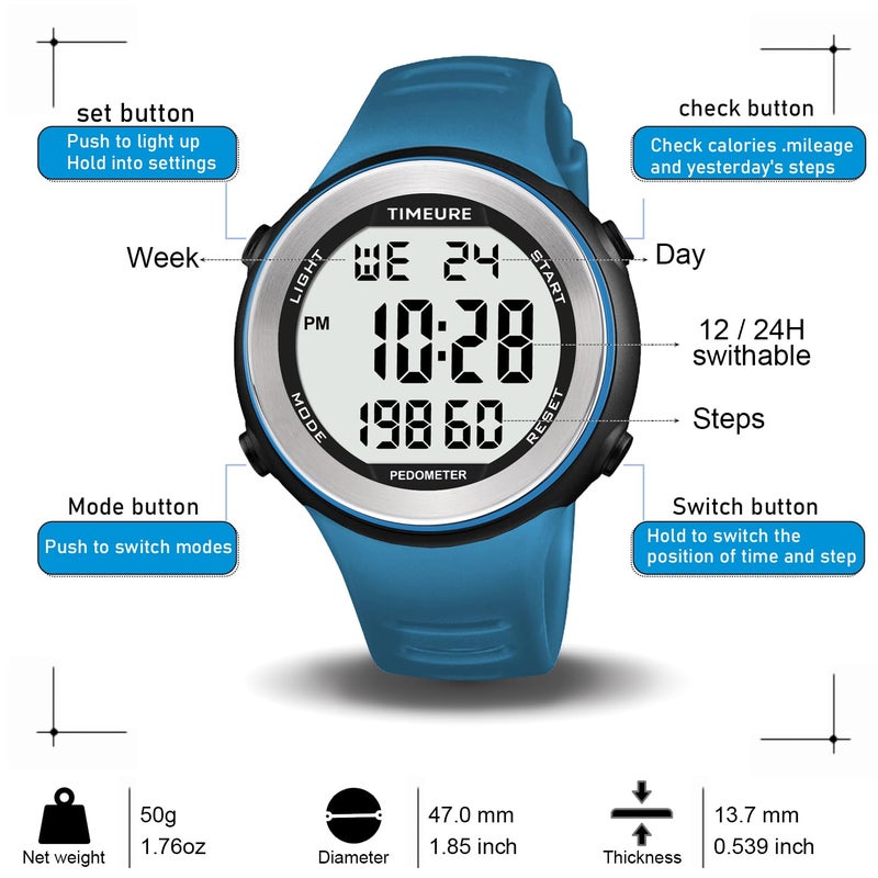 TIMEURE Mens Pedometer Watch for Walking Step Counter Watch No Charging, No App Connection, with EL Backlight. Simple, Practical Choice for Mobile-Free Fitness Enthusiasts TIMEURE-2308 (Blue) - Image 4