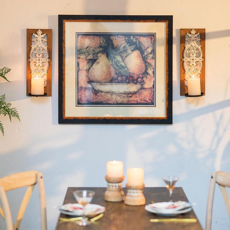 Walasis Farmhouse Wood Candle Sconces Wall Decor - Set of 2 Rustic Wall Candle Holder Decorative Carved Brown Candle Sconce Farmhouse Art Distressed Pillar Candles Holder for Fireplace Decor - Image 3