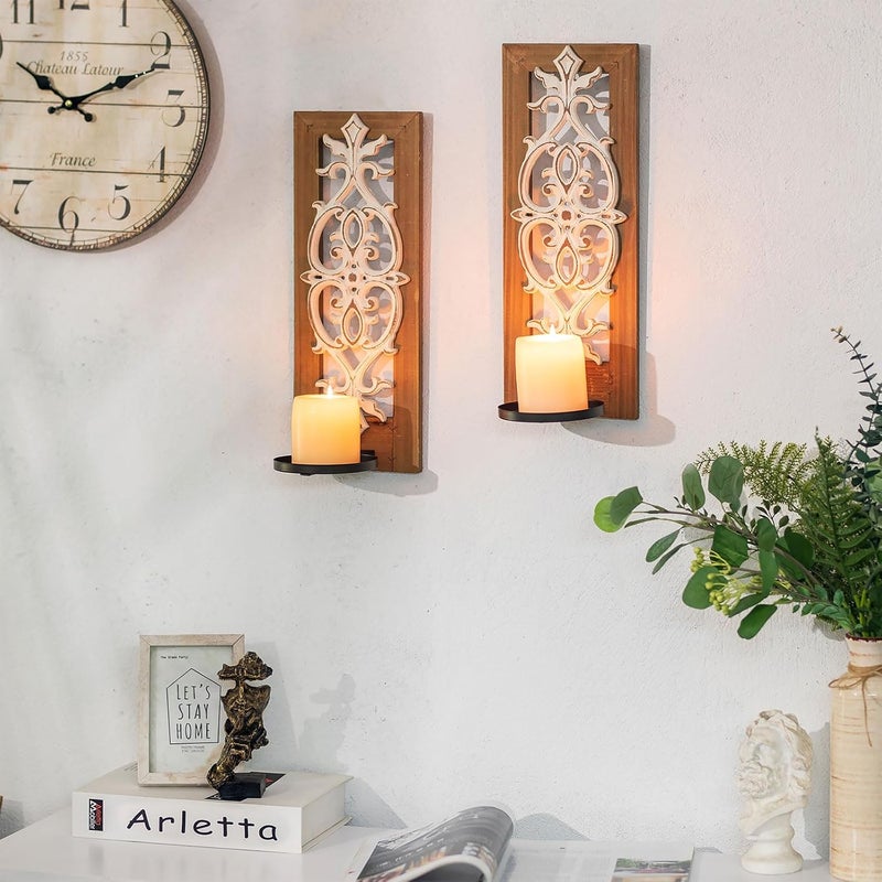 Walasis Farmhouse Wood Candle Sconces Wall Decor - Set of 2 Rustic Wall Candle Holder Decorative Carved Brown Candle Sconce Farmhouse Art Distressed Pillar Candles Holder for Fireplace Decor - Image 2