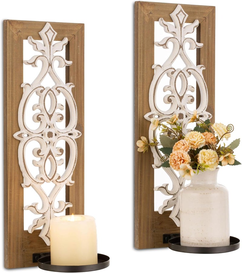 Walasis Farmhouse Wood Candle Sconces Wall Decor - Set of 2 Rustic Wall Candle Holder Decorative Carved Brown Candle Sconce Farmhouse Art Distressed Pillar Candles Holder for Fireplace Decor - Image 1