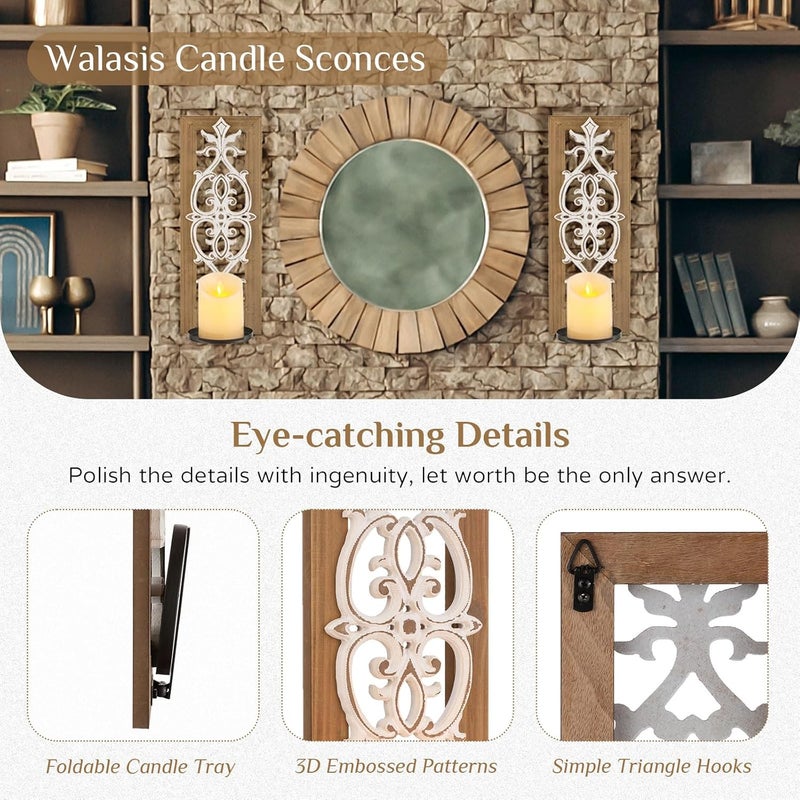 Walasis Farmhouse Wood Candle Sconces Wall Decor - Set of 2 Rustic Wall Candle Holder Decorative Carved Brown Candle Sconce Farmhouse Art Distressed Pillar Candles Holder for Fireplace Decor - Image 5