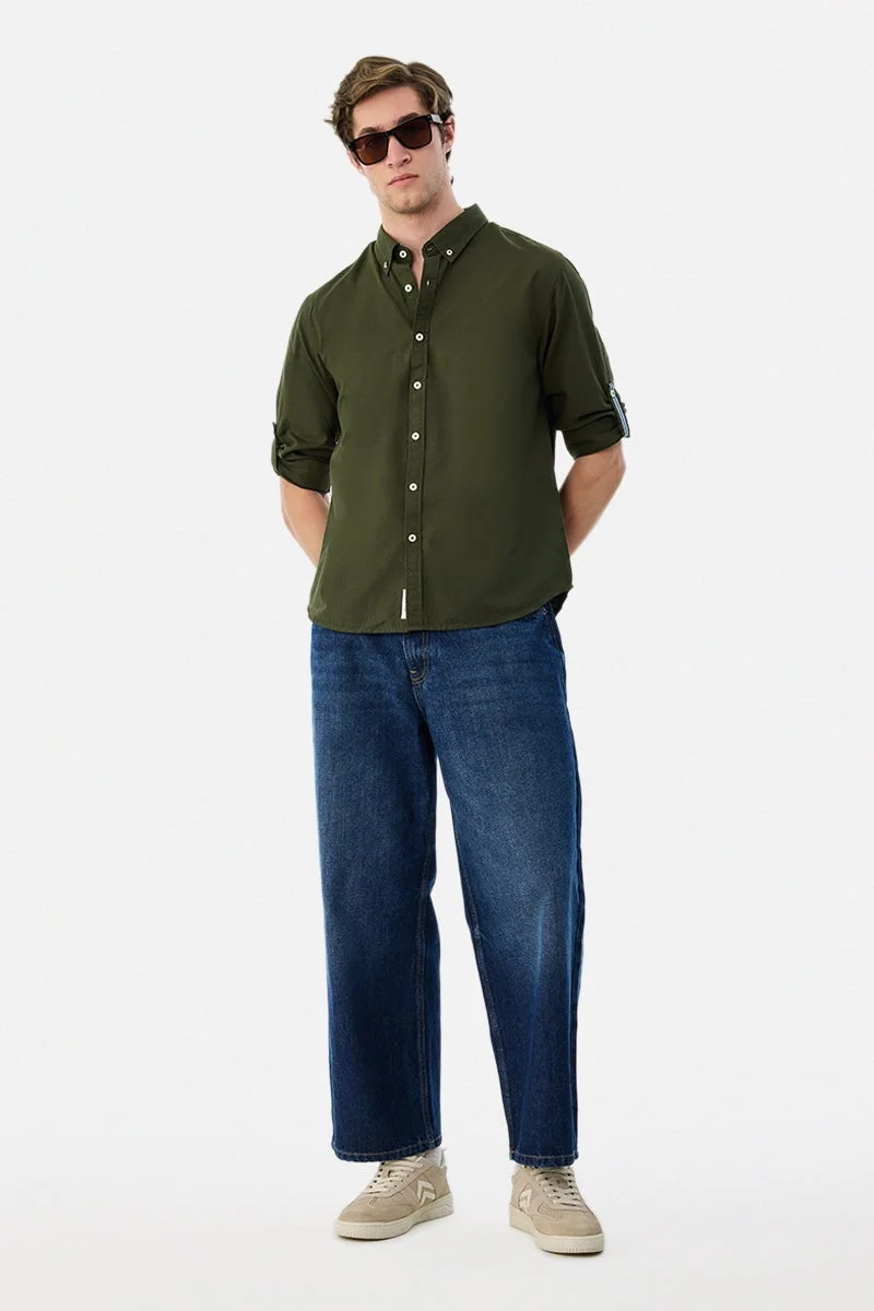 SNITCH Olive Solid Long Sleeve Regular Fit Shirt