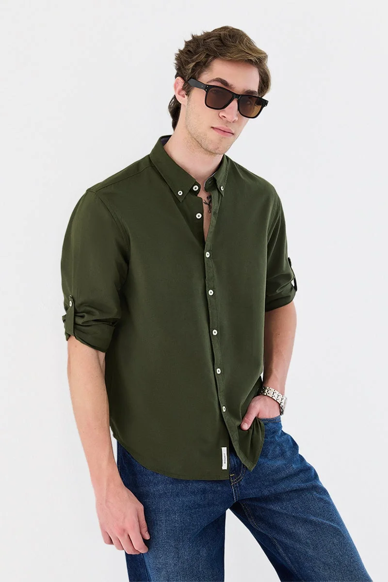 SNITCH Olive Solid Long Sleeve Regular Fit Shirt