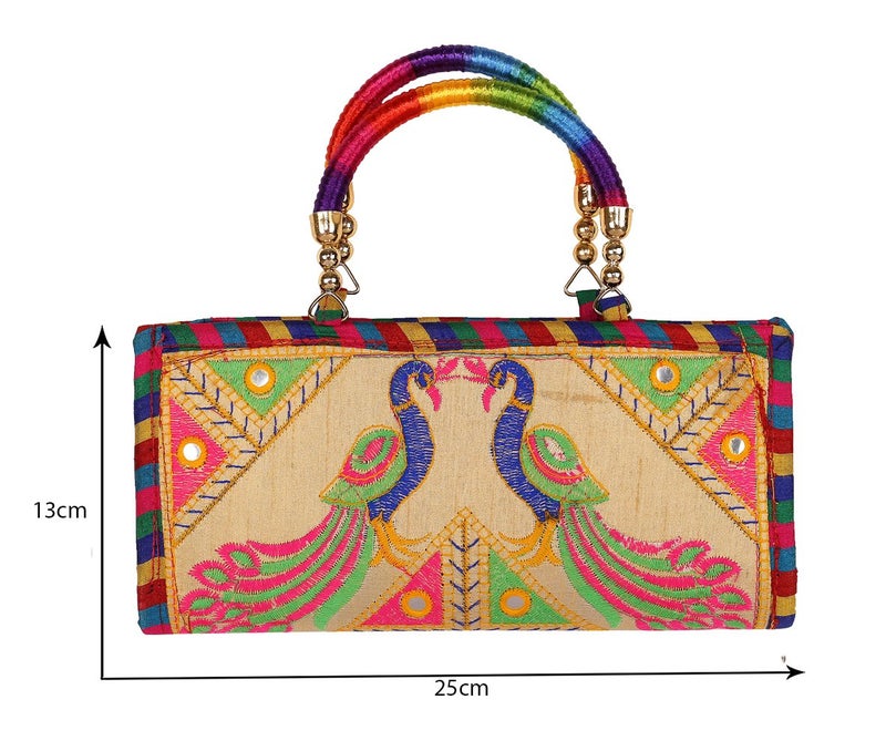 Craft Trade Clutch Bags for Women Rajasthani Jaipuri Embroidery Mirror Work Ethnic Purses and Wallet for Girls - 13x25 Cms, Cream - Image 3