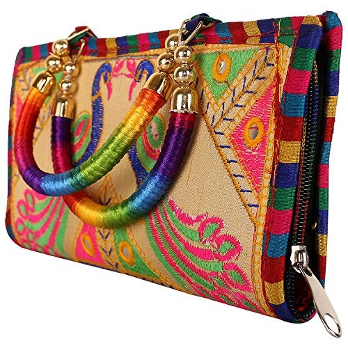 Craft Trade Clutch Bags for Women Rajasthani Jaipuri Embroidery Mirror Work Ethnic Purses and Wallet for Girls - 13x25 Cms, Cream - Image 1