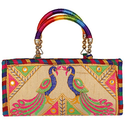 Craft Trade Clutch Bags for Women Rajasthani Jaipuri Embroidery Mirror Work Ethnic Purses and Wallet for Girls - 13x25 Cms, Cream - Image 2