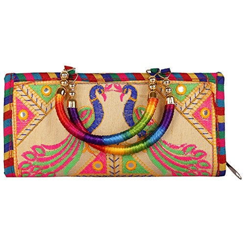 Craft Trade Clutch Bags for Women Rajasthani Jaipuri Embroidery Mirror Work Ethnic Purses and Wallet for Girls - 13x25 Cms, Cream - Image 4