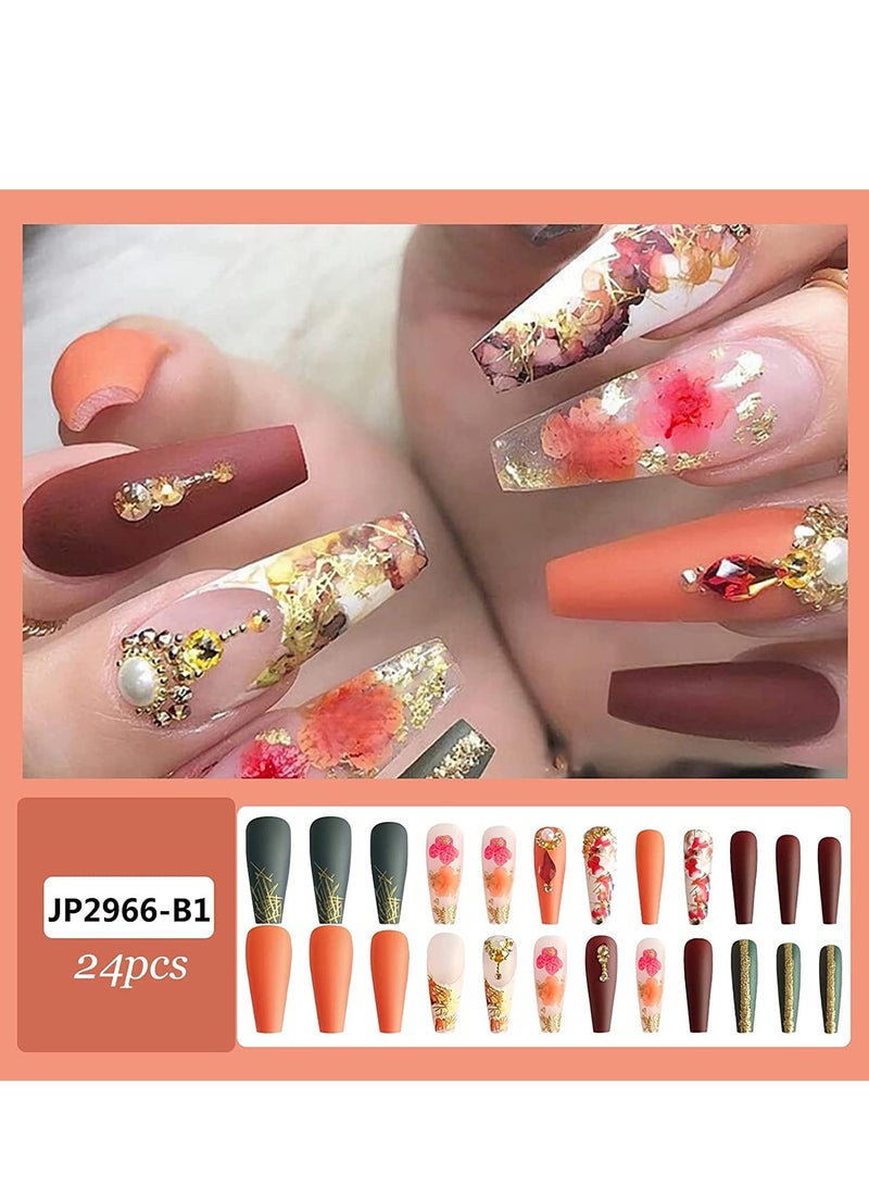 24 Pieces Glossy Press-On Nails, Long Acrylic Glue-On Nails with Gold Glitter and Fall Designs - Image 2