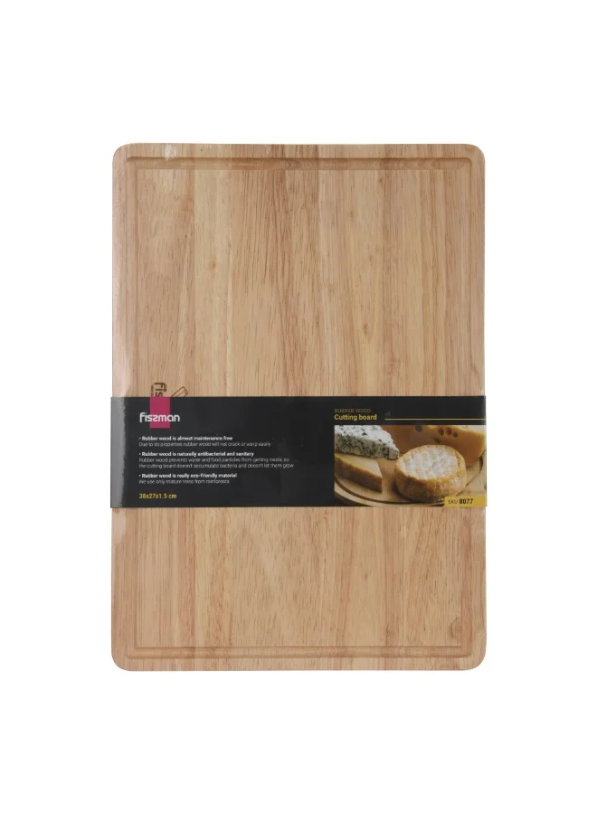 Fissman  Rectangular Cutting Board 38x27cm, Rubber Wood Chopping Board 1.5cm Thick | Hevea Wooden Cutting Board with Juice Groove | Anti-Bacterial Cutting Chopping Board for Meat, Fruits, Vegetables  | Best Price UAE