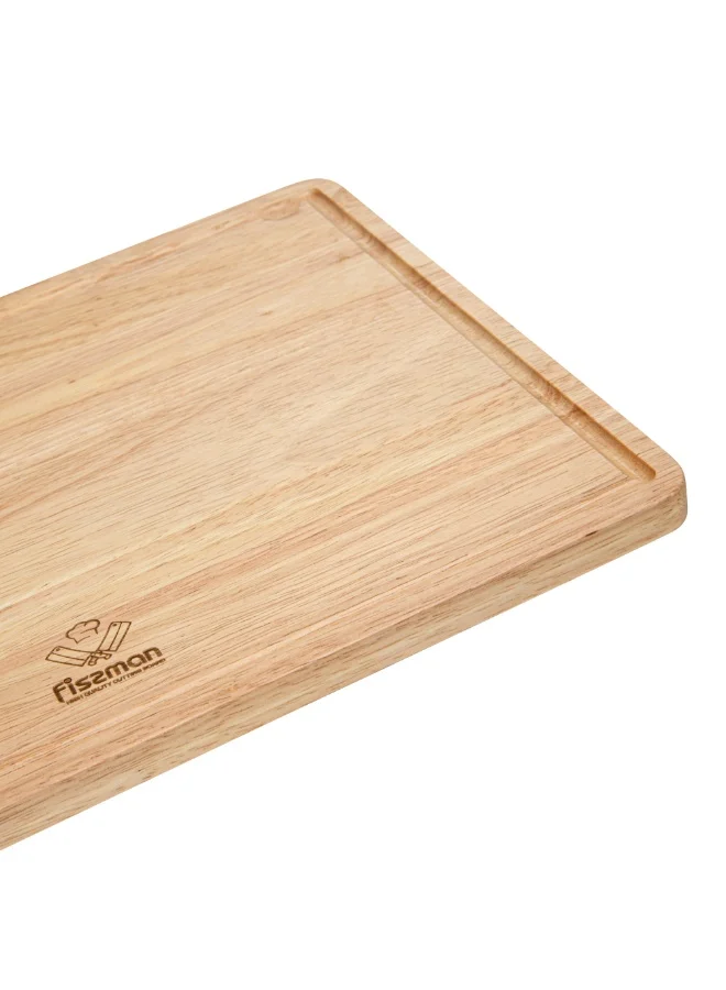Fissman  Rectangular Cutting Board 38x27cm, Rubber Wood Chopping Board 1.5cm Thick | Hevea Wooden Cutting Board with Juice Groove | Anti-Bacterial Cutting Chopping Board for Meat, Fruits, Vegetables  | Best Price UAE