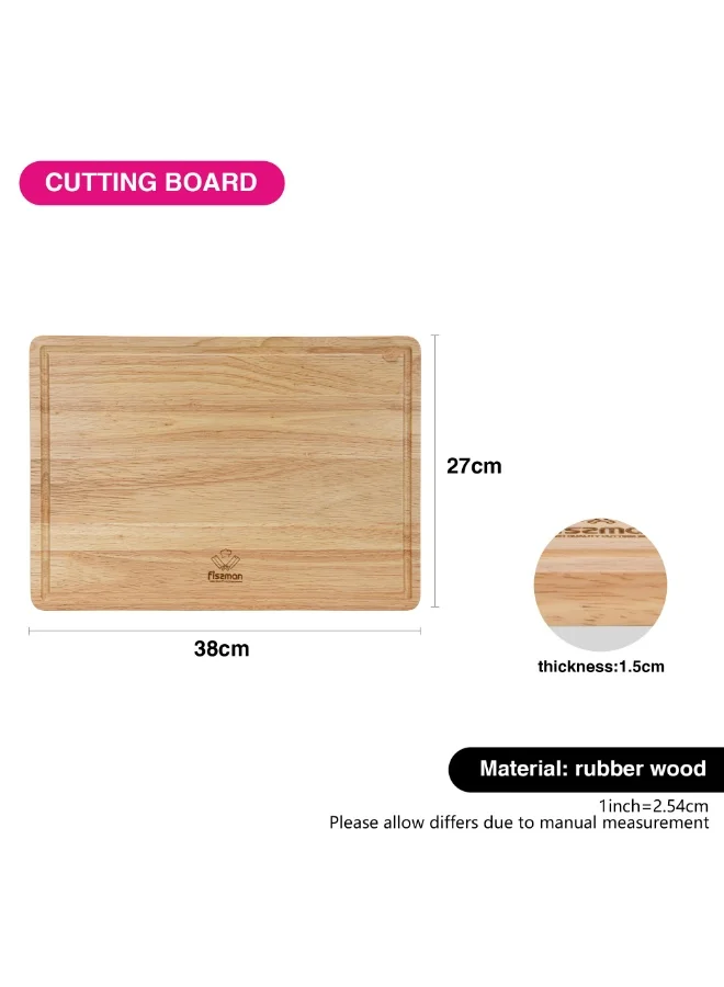 فيسمان Rectangular Cutting Board 38x27cm, Rubber Wood Chopping Board 1.5cm Thick | Hevea Wooden Cutting Board with Juice Groove | Anti-Bacterial Cutting Chopping Board for Meat, Fruits, Vegetables