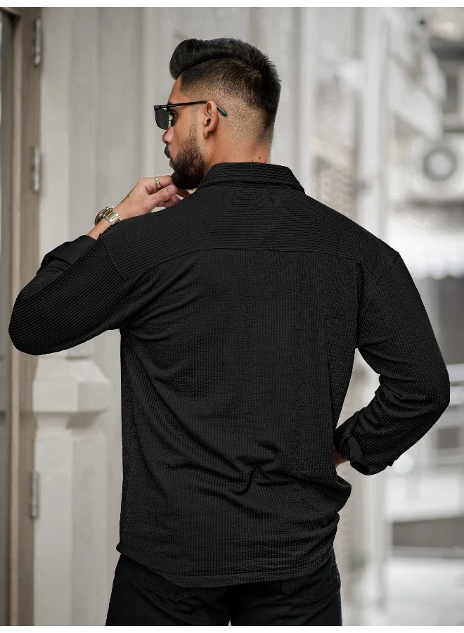 Maniac  Maniac Mens Solid 2 Pockets collared Neck Full Sleeve Black Oversized Cotton Shirt for Men | Best Price UAE