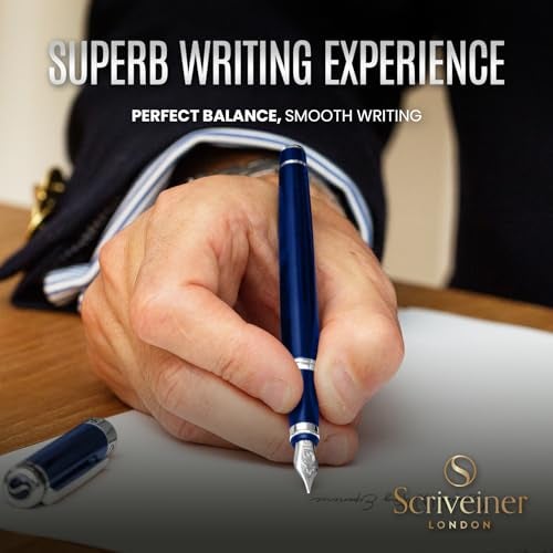 Scriveiner Midnight Blue Fountain Pen - Stunning Luxury Pen with Chrome Appointments, Schmidt Nib (Fine), Best Pen Gift Set for Men & Women, Professional, Executive, Office, Nice Pens - Image 4