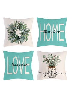 Generic Set of 4 Farmhouse Teal 18x18 Inch Throw Pillow Covers - Decorative Cushion Cases for Sofa, Couch, Living Room, and Outdoor Home Decor (45x45cm)  - Image 1