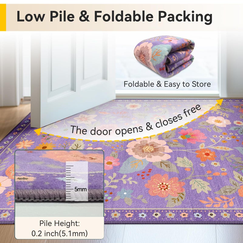 RELEANY Floral Nursery 8x10 Area Rugs Washable Print Boho Cute Carpet Non Slip Flower Low Pile for Living Room Kids Girls Playroom Bedroom Kitchen Office Farmhouse-Purple/Pink/Multi - Image 5