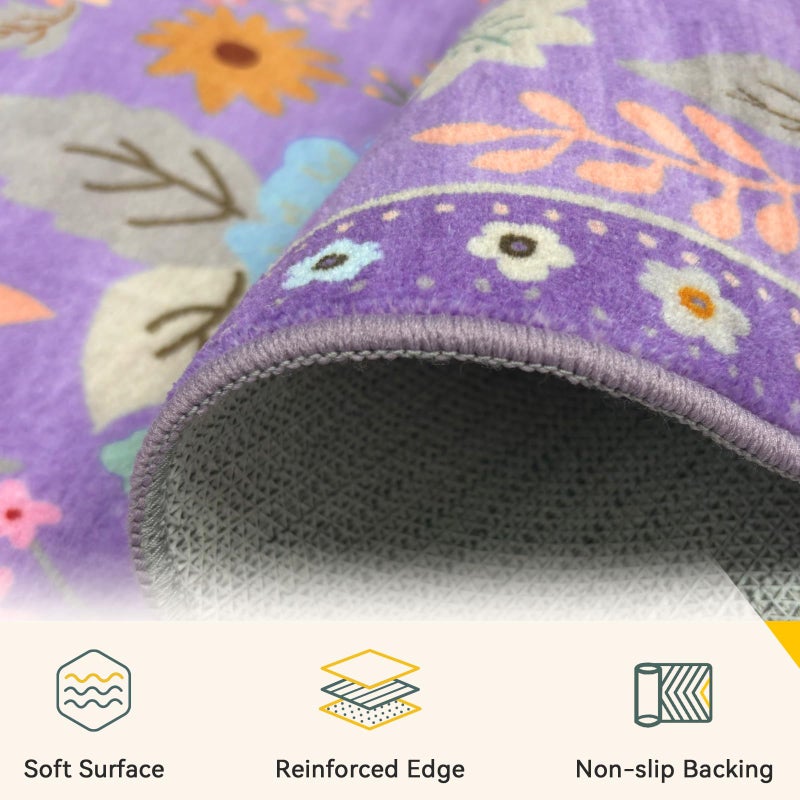 RELEANY Floral Nursery 8x10 Area Rugs Washable Print Boho Cute Carpet Non Slip Flower Low Pile for Living Room Kids Girls Playroom Bedroom Kitchen Office Farmhouse-Purple/Pink/Multi - Image 3