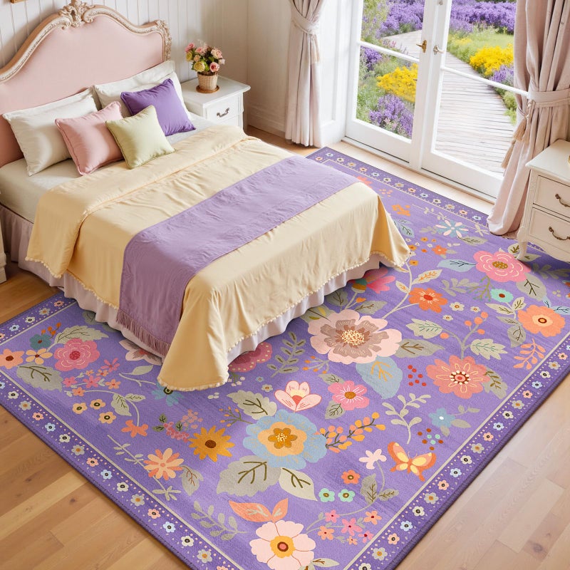 RELEANY Floral Nursery 8x10 Area Rugs Washable Print Boho Cute Carpet Non Slip Flower Low Pile for Living Room Kids Girls Playroom Bedroom Kitchen Office Farmhouse-Purple/Pink/Multi - Image 2