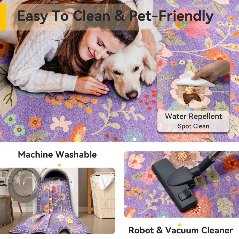 RELEANY Floral Nursery 8x10 Area Rugs Washable Print Boho Cute Carpet Non Slip Flower Low Pile for Living Room Kids Girls Playroom Bedroom Kitchen Office Farmhouse-Purple/Pink/Multi - Image 4