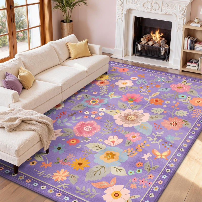 RELEANY Floral Nursery 8x10 Area Rugs Washable Print Boho Cute Carpet Non Slip Flower Low Pile for Living Room Kids Girls Playroom Bedroom Kitchen Office Farmhouse-Purple/Pink/Multi - Image 1