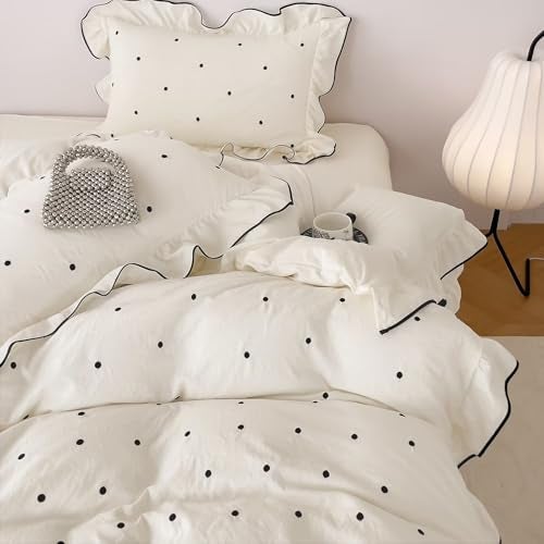 AMZTOP Beige Black Polka Dot Duvet Cover Full Size,1 Duvet Cover with 2 Pillowcases,Cute Ruffled Comforter Cover for Teen Girls,3 Pcs Embroidery Aesthetic Coquette Bedding Set 80"×90" - Image 1