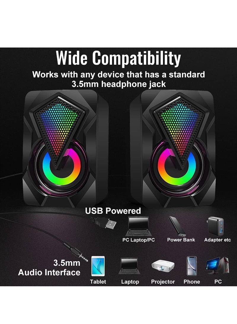 رات سو مكبرات الصوت للحاسوب ميني سماعة مكتبية للحاسوب مع ضوء ملونة ستيريو 2.0 يو إس بي مدعومة بمدخل 3.5 مم للألعاب المحمولة والوسائط المتعددة. - Image 3