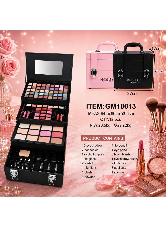 Miss Young Professional Makeup Kit GM18013 – Portable All-in-One Makeup Case with Eyeshadow, Concealer, Lip Gloss, Blush, Highlighter, Powder & Accessories - Image 1