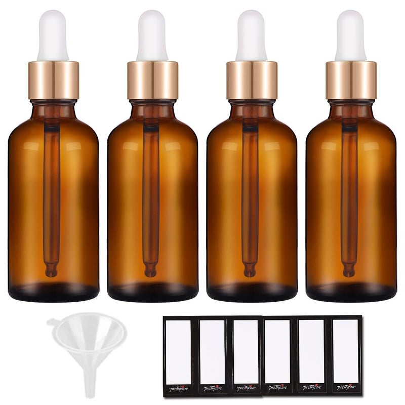 PrettyCare 2 oz Dropper Bottles 4 Pack Amber Glass Bottles 60ml with Golden Caps 12 Labels Funnel Measured PipettesEmpty Tincture for Essential Oils Skincare - Image 3