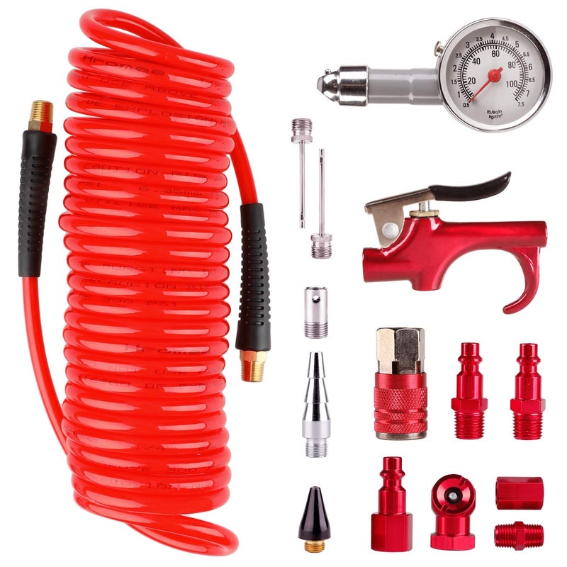 Hromee 16 Pieces Air Compressor Accessory Kit with 1/4 Inch Recoil Poly Air Hose, Blow Gun and Fittings Inflation Kit with Needles, Ball Chuck and Tire Pressure Gauge - Image 1