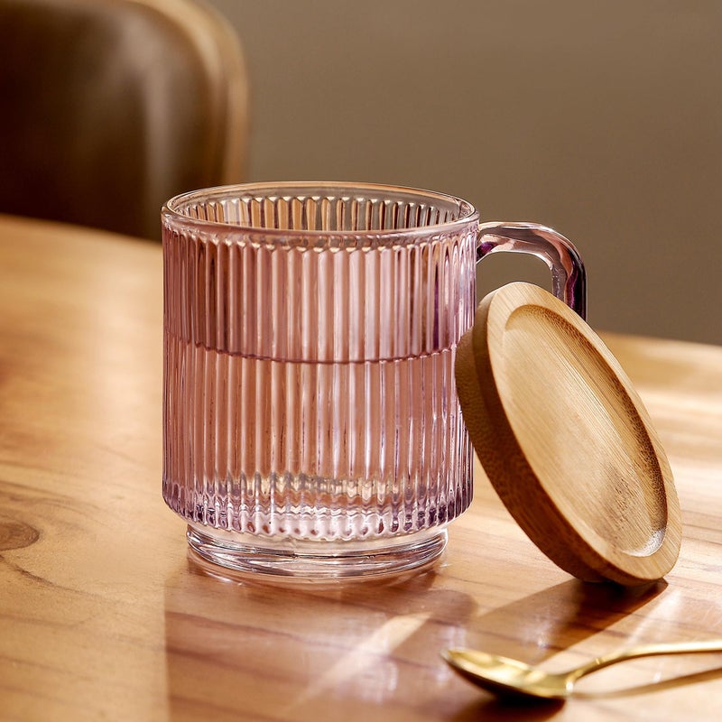 Lysenn Glass Coffee Mug with Lid - Premium Classical Vertical Stripes Glass Tea Cup - for Latte, Tea, Chocolate, Juice, Water - Lead-Free - Bamboo Lid - Amethyst Purple - Image 3