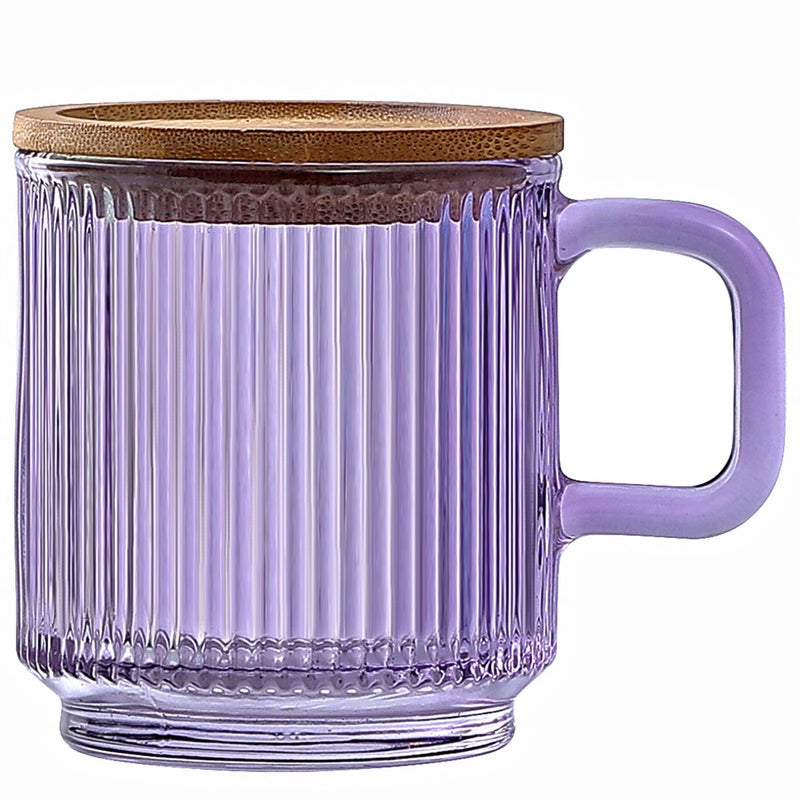 Lysenn Glass Coffee Mug with Lid - Premium Classical Vertical Stripes Glass Tea Cup - for Latte, Tea, Chocolate, Juice, Water - Lead-Free - Bamboo Lid - Amethyst Purple - Image 1