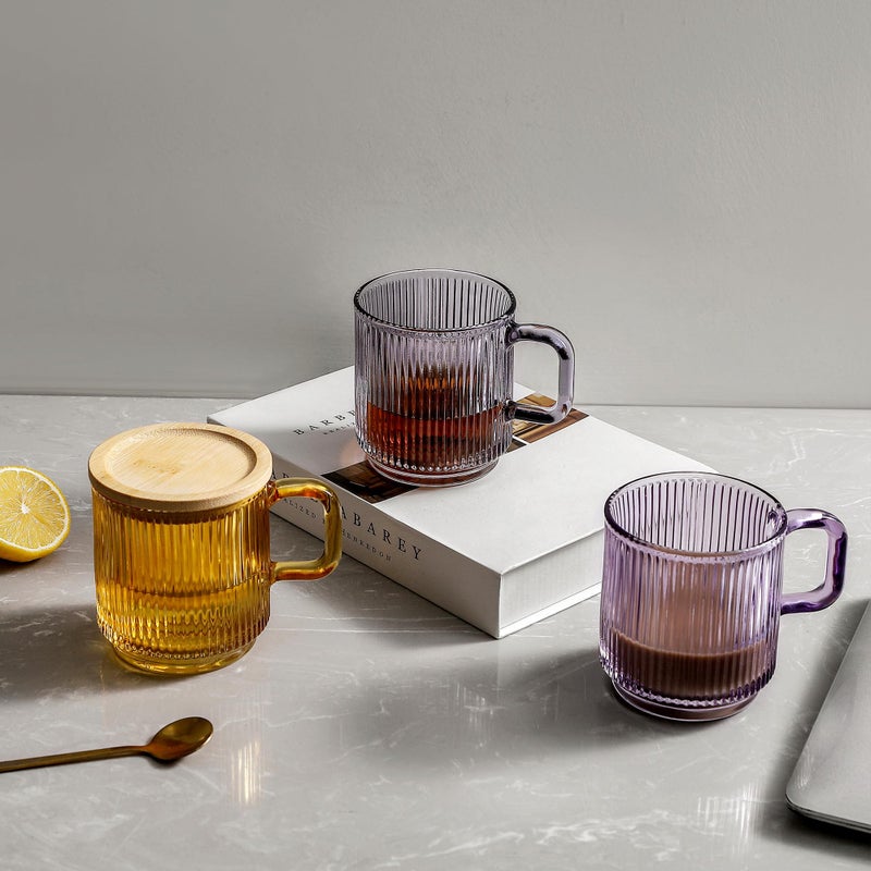 Lysenn Glass Coffee Mug with Lid - Premium Classical Vertical Stripes Glass Tea Cup - for Latte, Tea, Chocolate, Juice, Water - Lead-Free - Bamboo Lid - Amethyst Purple - Image 5