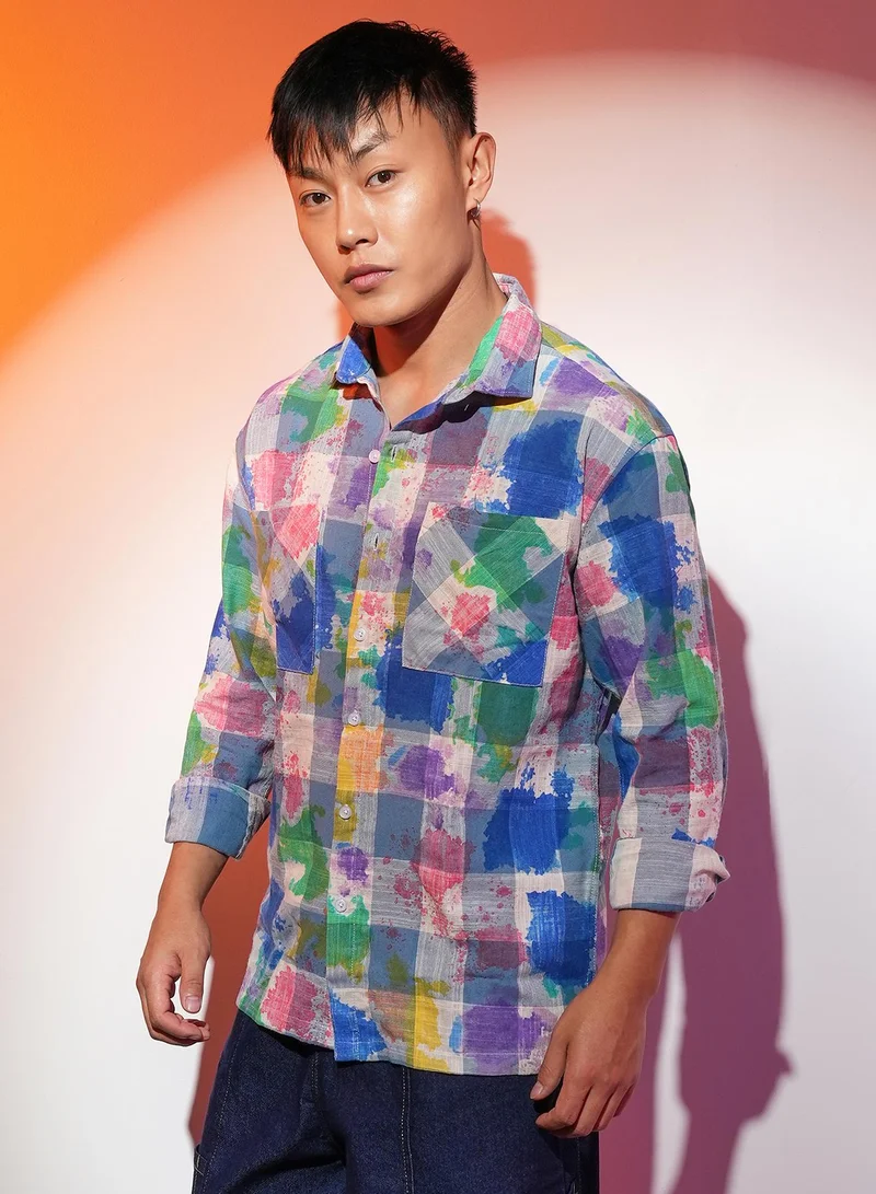 Campus Sutra Men's Multicolour Splash Check Oversized Shirt