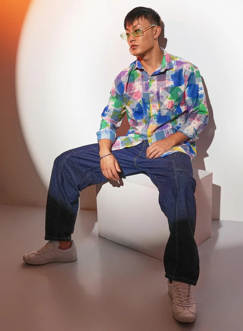 Campus Sutra Men's Multicolour Splash Check Oversized Shirt