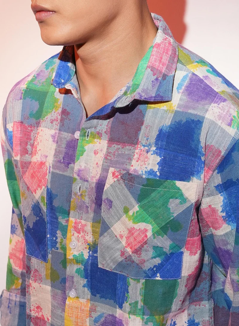Campus Sutra Men's Multicolour Splash Check Oversized Shirt
