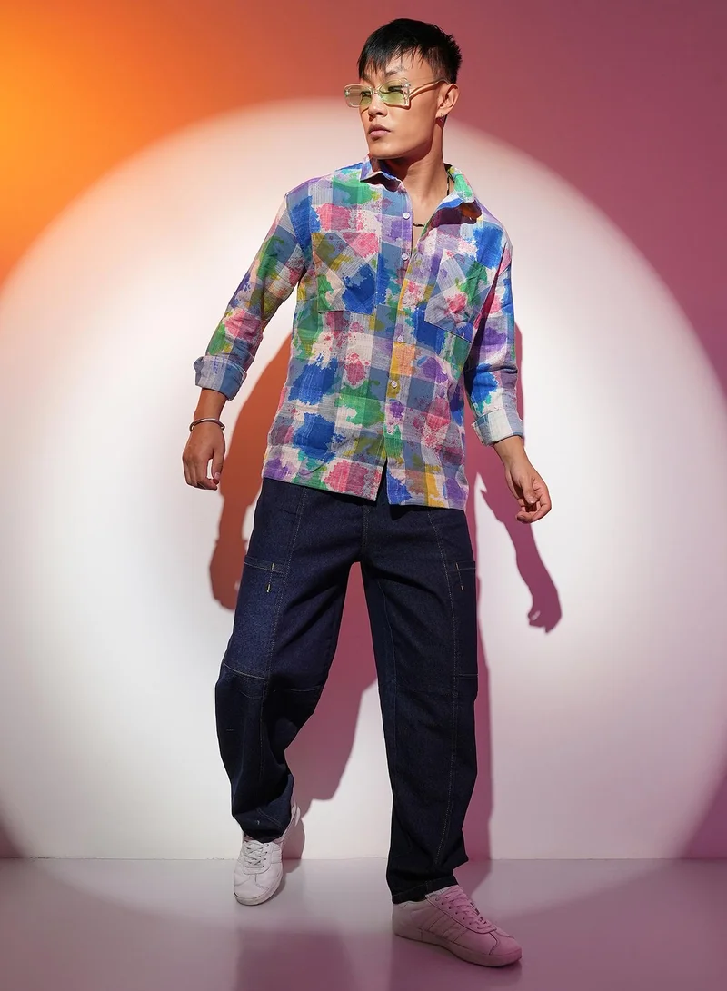 Campus Sutra Men's Multicolour Splash Check Oversized Shirt