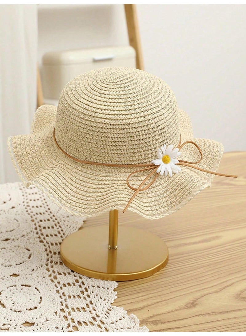 Summer Accessories 1 Piece Girls Straw Sun Hat With Princess Style And Small Flower, Wide Brim Beach Hat For Seaside, Travel, Trips And Daily Wear - Image 1