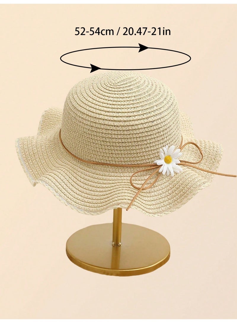 Summer Accessories 1 Piece Girls Straw Sun Hat With Princess Style And Small Flower, Wide Brim Beach Hat For Seaside, Travel, Trips And Daily Wear - Image 2