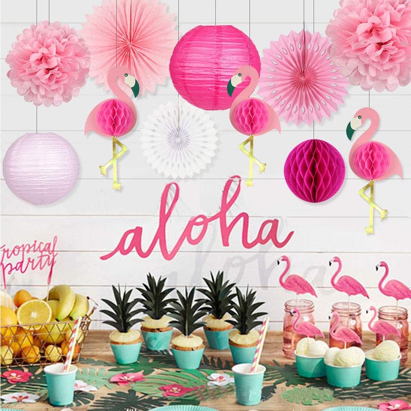 zilue Tropical Party Decorations Pink Flamingo Party Supplies Pom Poms Paper Flowers Tissue Paper Fan Paper Lanterns for Hawaiian Summer Beach Luau Party - Image 4