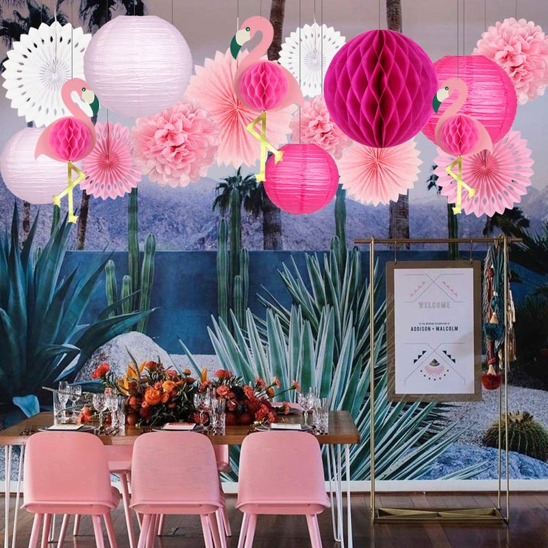 zilue Tropical Party Decorations Pink Flamingo Party Supplies Pom Poms Paper Flowers Tissue Paper Fan Paper Lanterns for Hawaiian Summer Beach Luau Party - Image 5