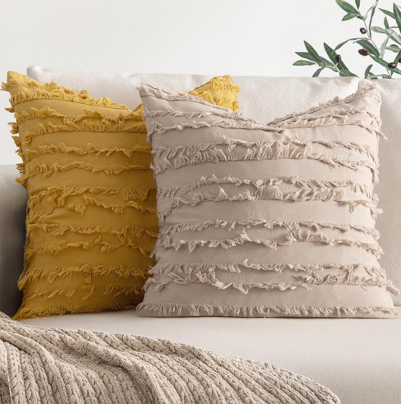 MIULEE Set of 2 Decorative Boho Throw Pillow Covers Linen Striped Jacquard Pattern Cushion Covers for Sofa Couch Living Room Bedroom 16x16 Inch Beige - Image 4