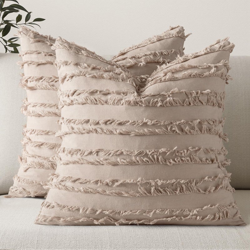 MIULEE Set of 2 Decorative Boho Throw Pillow Covers Linen Striped Jacquard Pattern Cushion Covers for Sofa Couch Living Room Bedroom 16x16 Inch Beige - Image 1