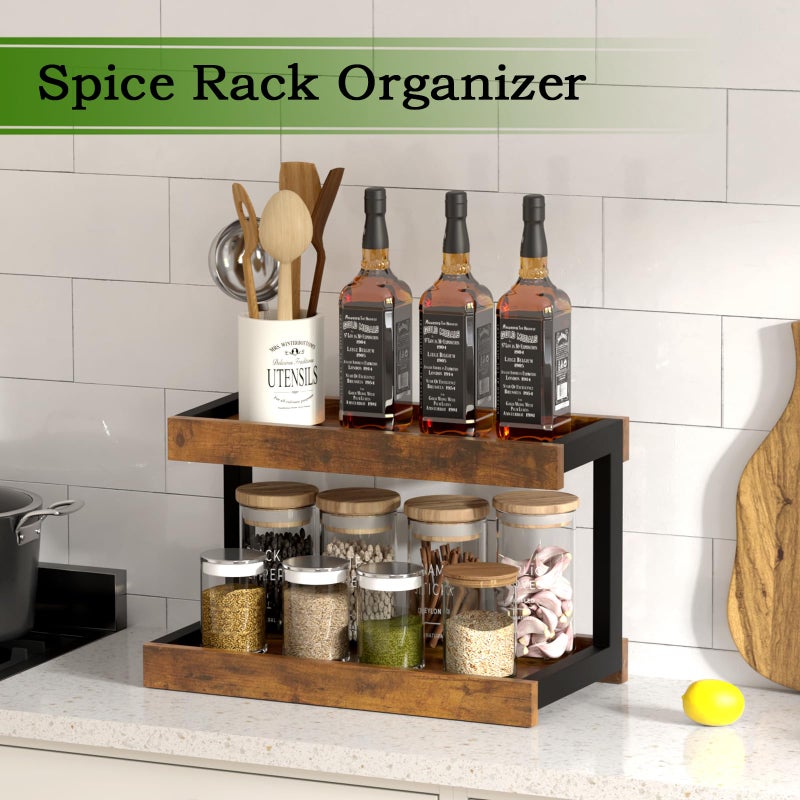 MARTY 2 Tier Spice Rack Organizer for Countertop, 15.8''L Coffee Station/Bathroom Organizer Countertop, Counter Shelf Desktop Storage Organizer for Kitchen, Bedroom, Office (Rustic Brown) - Image 2