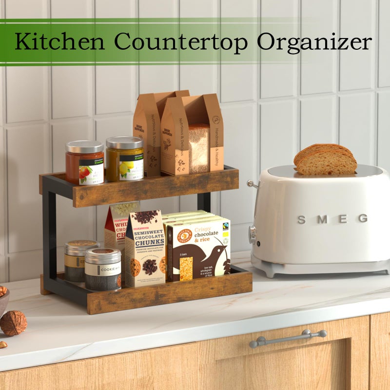 MARTY 2 Tier Spice Rack Organizer for Countertop, 15.8''L Coffee Station/Bathroom Organizer Countertop, Counter Shelf Desktop Storage Organizer for Kitchen, Bedroom, Office (Rustic Brown) - Image 3