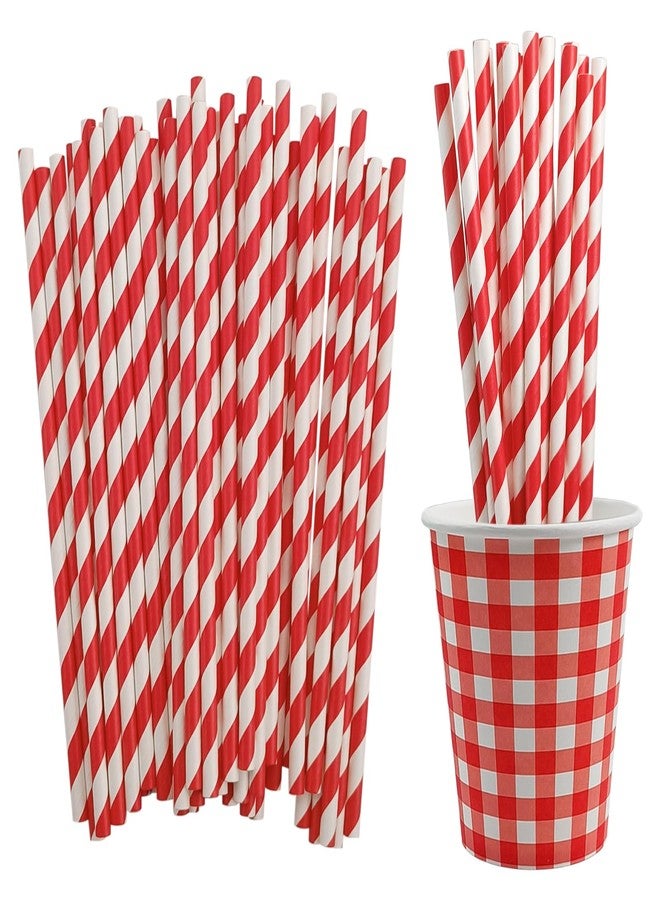 EaciTown 50 Pcs Red Striped Paper Straws Christmas Striped Paper Straw Red and White Ginham Drinking Straws for Valentines's Day Birthday Party - Image 1