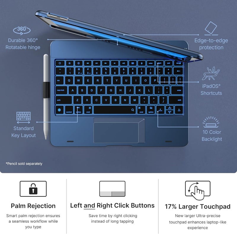typecase Touch iPad 9th Generation Case with Keyboard (10.2", 2021), Multi-Touch Trackpad, 10 Color Backlight, 360° Rotatable, Thin & Light for 8th Gen (2020), 7th Gen (2019), Air 3 (Midnight Blue) - Image 5