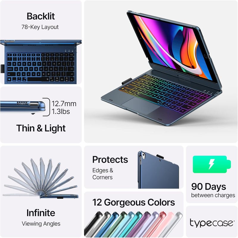 typecase Touch iPad 9th Generation Case with Keyboard (10.2", 2021), Multi-Touch Trackpad, 10 Color Backlight, 360° Rotatable, Thin & Light for 8th Gen (2020), 7th Gen (2019), Air 3 (Midnight Blue) - Image 3