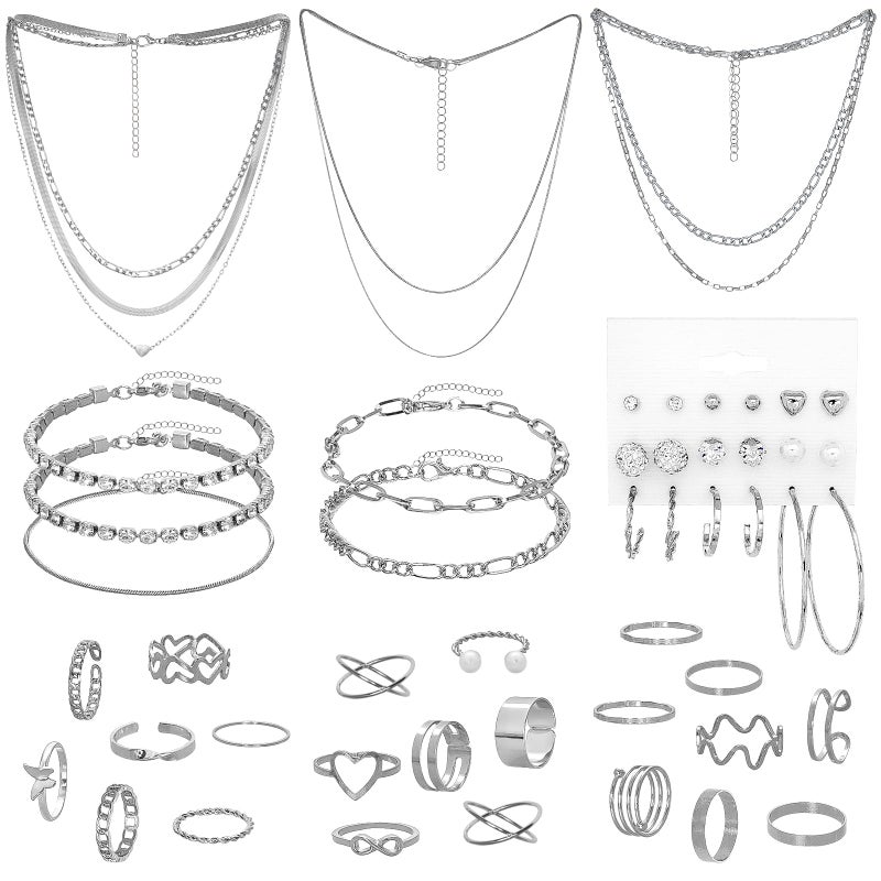 Gvhntk Silver Jewelry Set for Women Layered Bracelets Ball Dangle Hoop Earrings Stackable Knuckle Rings Set Dainty Adjustable Necklaces Valentine Anniversary Trendy Party Costume Accessories Jewelry (Fashionable) - Image 1