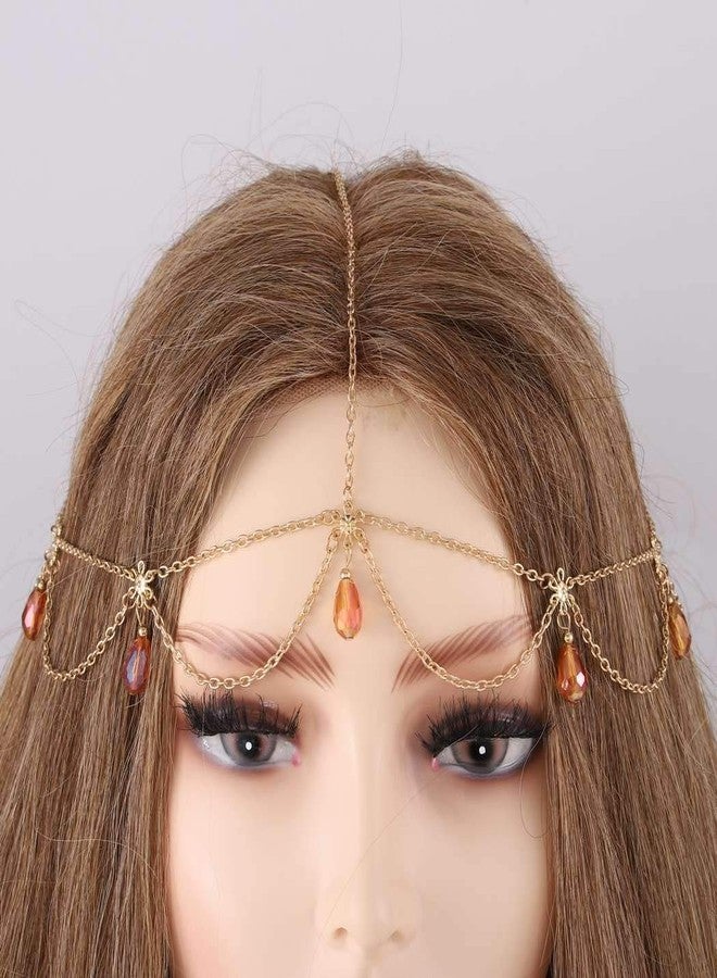 Aularso Boho Head Chain Crystal Forehead Chain Layerd Tassel Headpieces Dangle Hair Chain Vintage Headband Halloween Hair Accessories for Women and Girls (Gold) - Image 3