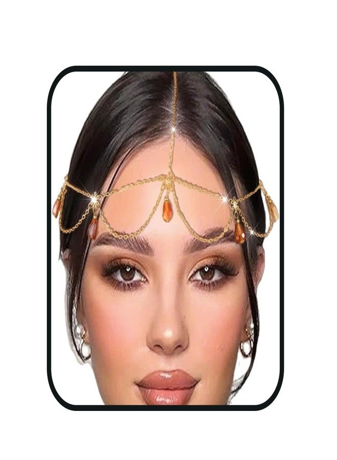 Aularso Boho Head Chain Crystal Forehead Chain Layerd Tassel Headpieces Dangle Hair Chain Vintage Headband Halloween Hair Accessories for Women and Girls (Gold) - Image 1